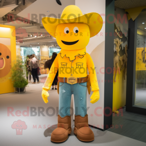 Yellow Cowboy mascot costume character dressed with a Sweatshirt and Suspenders