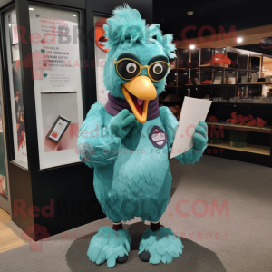 Teal Roosters mascot costume character dressed with a Romper and Reading glasses