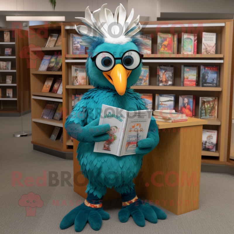 Teal Roosters mascot costume character dressed with a Romper and Reading glasses