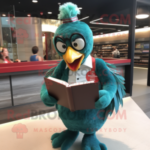 Teal Roosters mascot costume character dressed with a Romper and Reading glasses