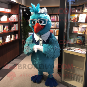 Teal Roosters mascot costume character dressed with a Romper and Reading glasses