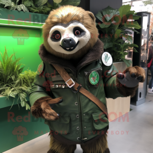 Forest Green Sloth mascot costume character dressed with a Moto Jacket and Bracelets