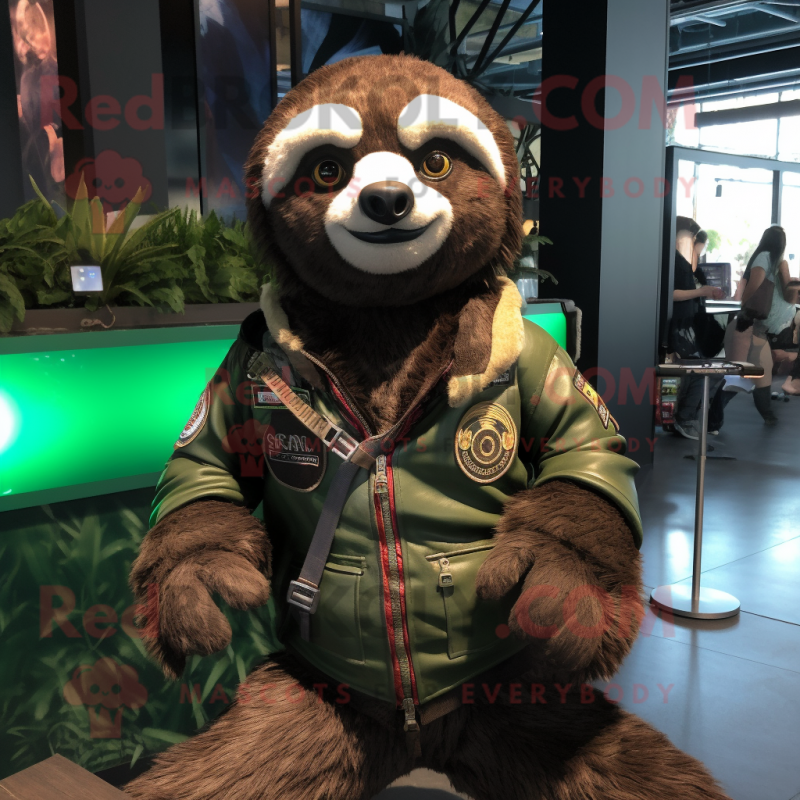 Forest Green Sloth mascot costume character dressed with a Moto Jacket and Bracelets Forest Green Sloth mascot costume character dressed with a Moto Jacket and Bracelets