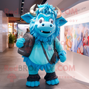 Cyan Buffalo mascot costume character dressed with a Pleated Skirt and Backpacks