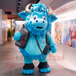 Cyan Buffalo mascot costume character dressed with a Pleated Skirt and Backpacks
