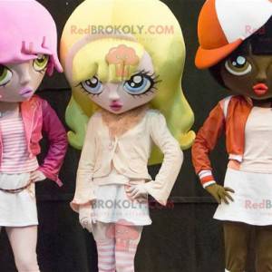 3 Maskottchen von Cartoon-Mädchen mit gefärbten Haaren -