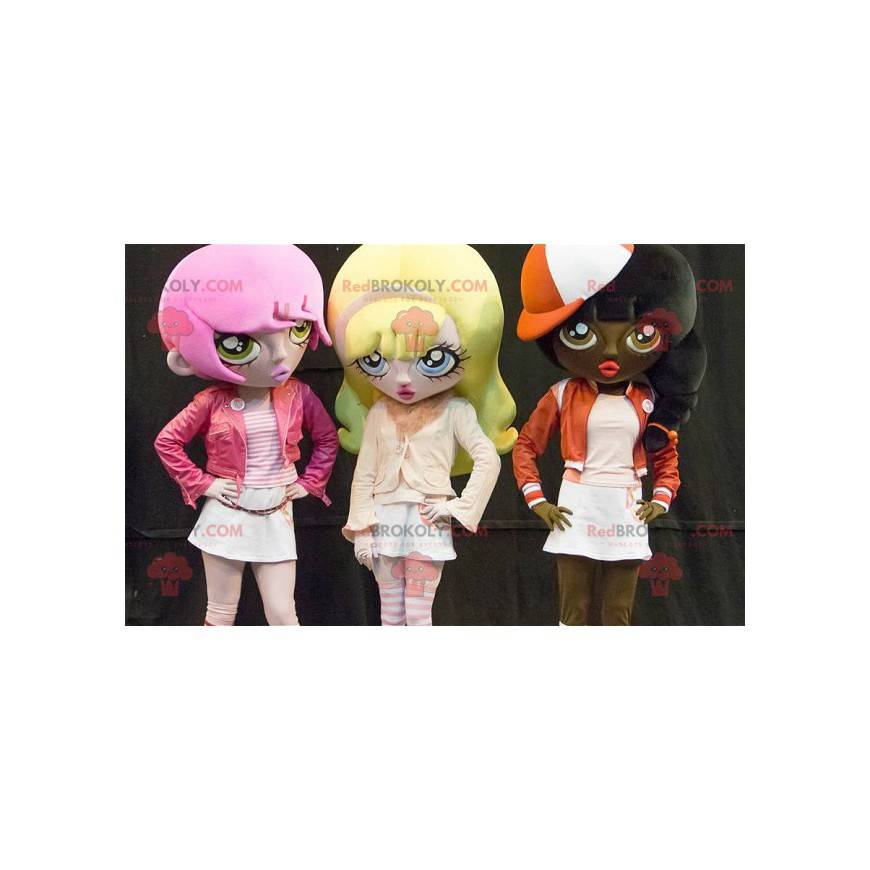 3 maskotar av tecknade flickor med färgat hår - Redbrokoly.com