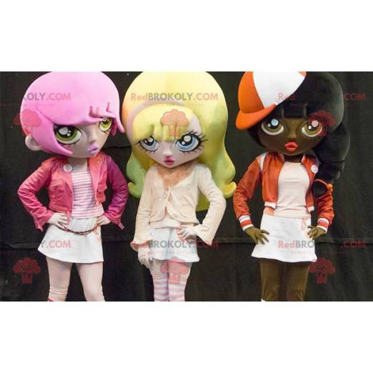 3 mascotes de desenho animado com cabelos coloridos -