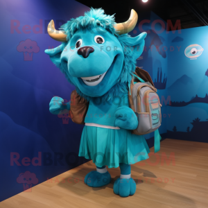 Cyan Buffalo mascot costume character dressed with a Pleated Skirt and Backpacks