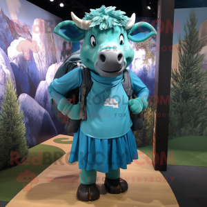 Cyan Buffalo mascot costume character dressed with a Pleated Skirt and Backpacks