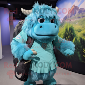 Cyan Buffalo mascot costume character dressed with a Pleated Skirt and Backpacks