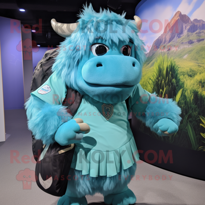Cyan Buffalo mascot costume character dressed with a Pleated Skirt and Backpacks Cyan Buffalo mascot costume character dressed with a Pleated Skirt and Backpacks