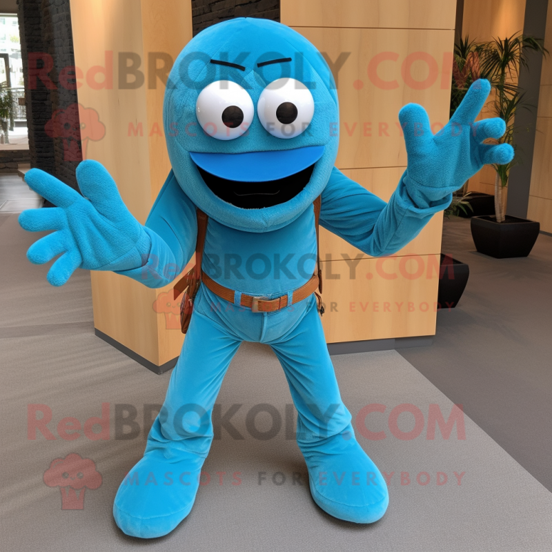 Cyan Spider mascot costume character dressed with a Corduroy Pants and Gloves Cyan Spider mascot costume character dressed with a Corduroy Pants and Gloves