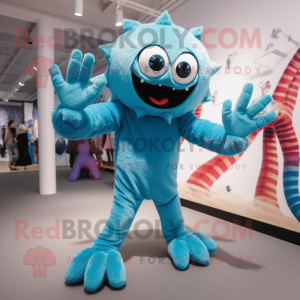 Cyan Spider mascot costume character dressed with a Corduroy Pants and Gloves