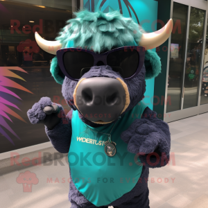 Teal Buffalo mascot costume character dressed with a Blouse and Sunglasses