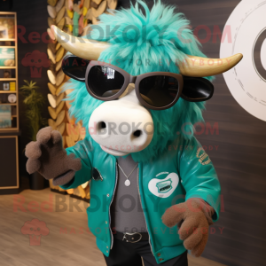 Teal Buffalo mascot costume character dressed with a Blouse and Sunglasses