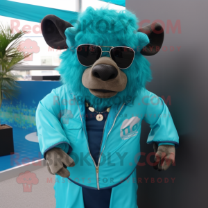 Teal Buffalo mascot costume character dressed with a Blouse and Sunglasses