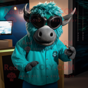 Teal Buffalo mascot costume character dressed with a Blouse and Sunglasses