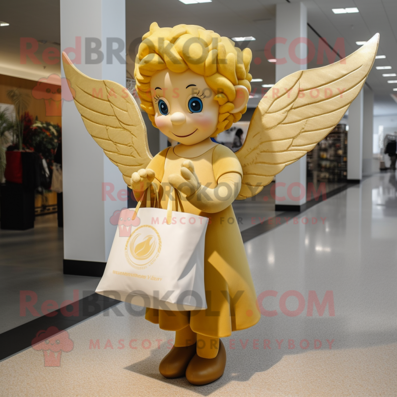 Gold Cupid mascot costume character dressed with a Maxi Dress and Tote bags Gold Cupid mascot costume character dressed with a Maxi Dress and Tote bags