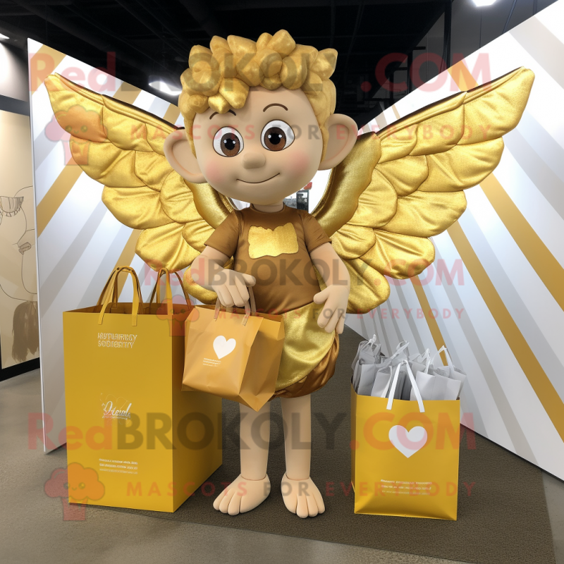 Gold Cupid mascot costume character dressed with a Maxi Dress and Tote bags Gold Cupid mascot costume character dressed with a Maxi Dress and Tote bags