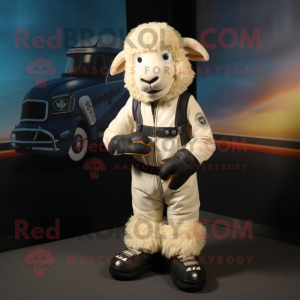 Cream Suffolk Sheep mascot costume character dressed with a Moto Jacket and Foot pads