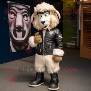 Cream Suffolk Sheep mascot costume character dressed with a Moto Jacket and Foot pads