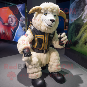 Cream Suffolk Sheep mascot costume character dressed with a Moto Jacket and Foot pads