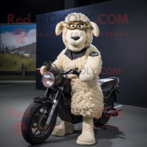 Cream Suffolk Sheep mascot costume character dressed with a Moto Jacket and Foot pads