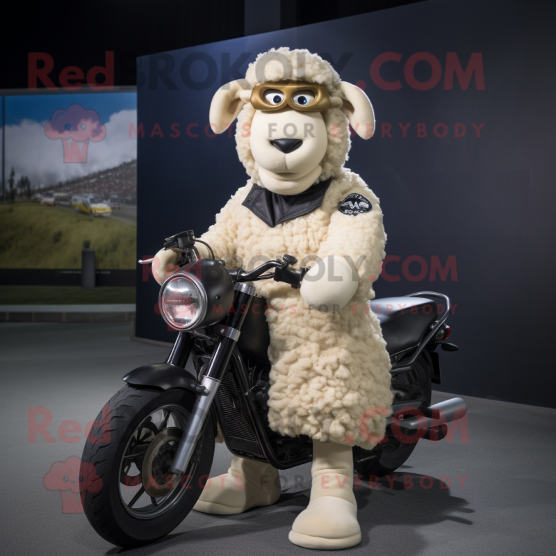Cream Suffolk Sheep mascot costume character dressed with a Moto Jacket and Foot pads Cream Suffolk Sheep mascot costume character dressed with a Moto Jacket and Foot pads