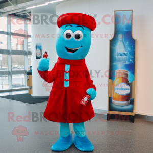 Turquoise Bottle Of Ketchup mascot costume character dressed with a Waistcoat and Berets