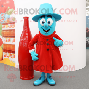 Turquoise Bottle Of Ketchup mascot costume character dressed with a Waistcoat and Berets