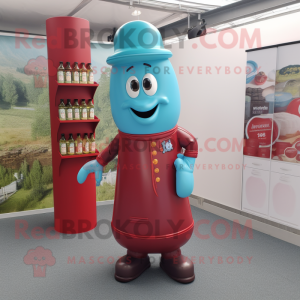 Turquoise Bottle Of Ketchup mascot costume character dressed with a Waistcoat and Berets