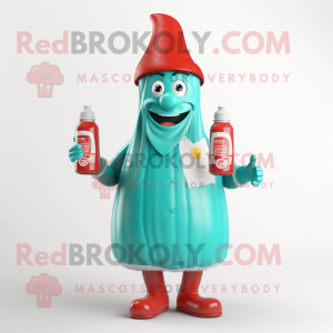 Turquoise Bottle Of Ketchup mascot costume character dressed with a Waistcoat and Berets