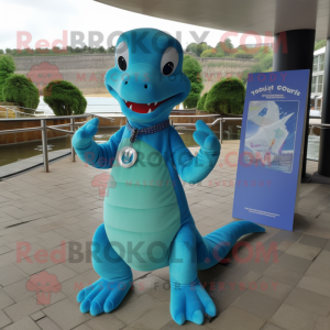 Sky Blue Loch Ness Monster mascot costume character dressed with a Culottes and Bracelet watches