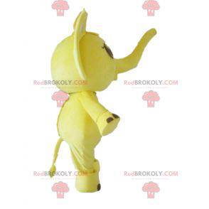 Mascot elefante amarillo y blanco con un lazo en la cabeza -