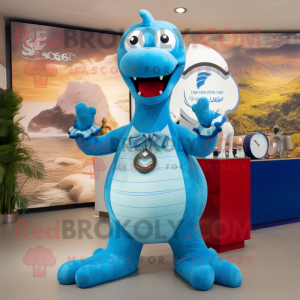 Sky Blue Loch Ness Monster mascot costume character dressed with a Culottes and Bracelet watches