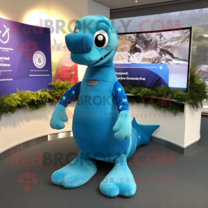 Sky Blue Loch Ness Monster mascot costume character dressed with a Culottes and Bracelet watches