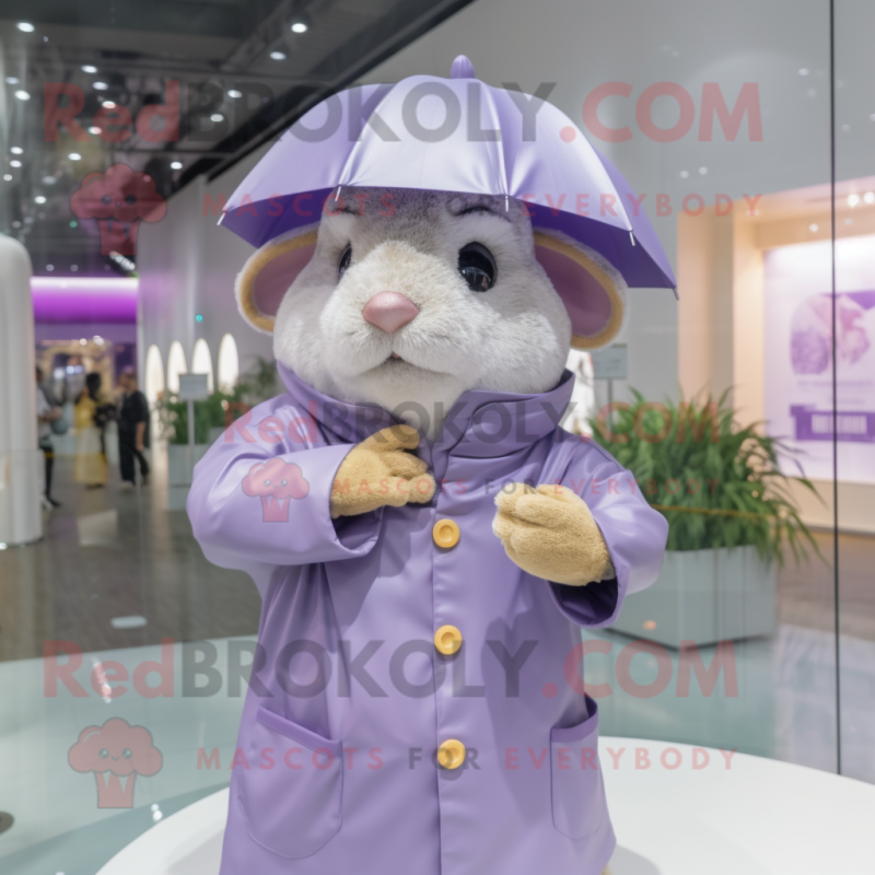 Lavender Hamster mascot costume character dressed with a Raincoat and Hats