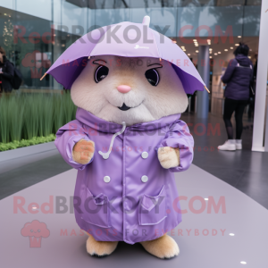 Lavender Hamster mascot costume character dressed with a Raincoat and Hats