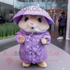 Lavender Hamster mascot costume character dressed with a Raincoat and Hats