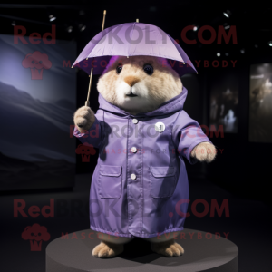 Lavender Hamster mascot costume character dressed with a Raincoat and Hats