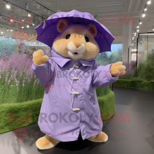 Lavender Hamster mascot costume character dressed with a Raincoat and Hats