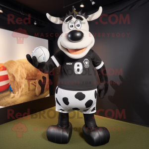 Black Jersey Cow mascot costume character dressed with a Rugby Shirt and Headbands