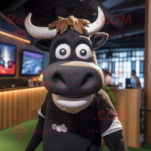 Black Jersey Cow mascot costume character dressed with a Rugby Shirt and Headbands