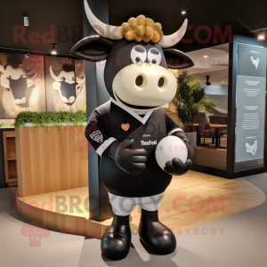 Black Jersey Cow mascot costume character dressed with a Rugby Shirt and Headbands