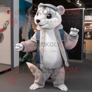 Silver Ferret mascot costume character dressed with a Sweatshirt and Hat pins