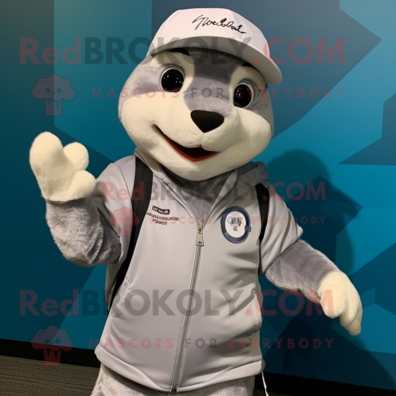 Silver Ferret mascot costume character dressed with a Sweatshirt and Hat pins Silver Ferret mascot costume character dressed with a Sweatshirt and Hat pins