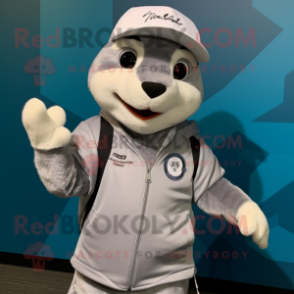 Silver Ferret mascot costume character dressed with a Sweatshirt and Hat pins