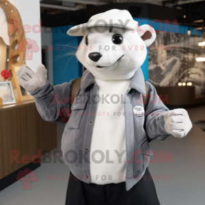 Silver Ferret mascot costume character dressed with a Sweatshirt and Hat pins