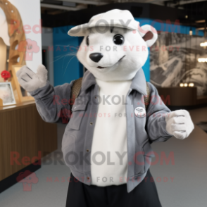 Silver Ferret mascot costume character dressed with a Sweatshirt and Hat pins